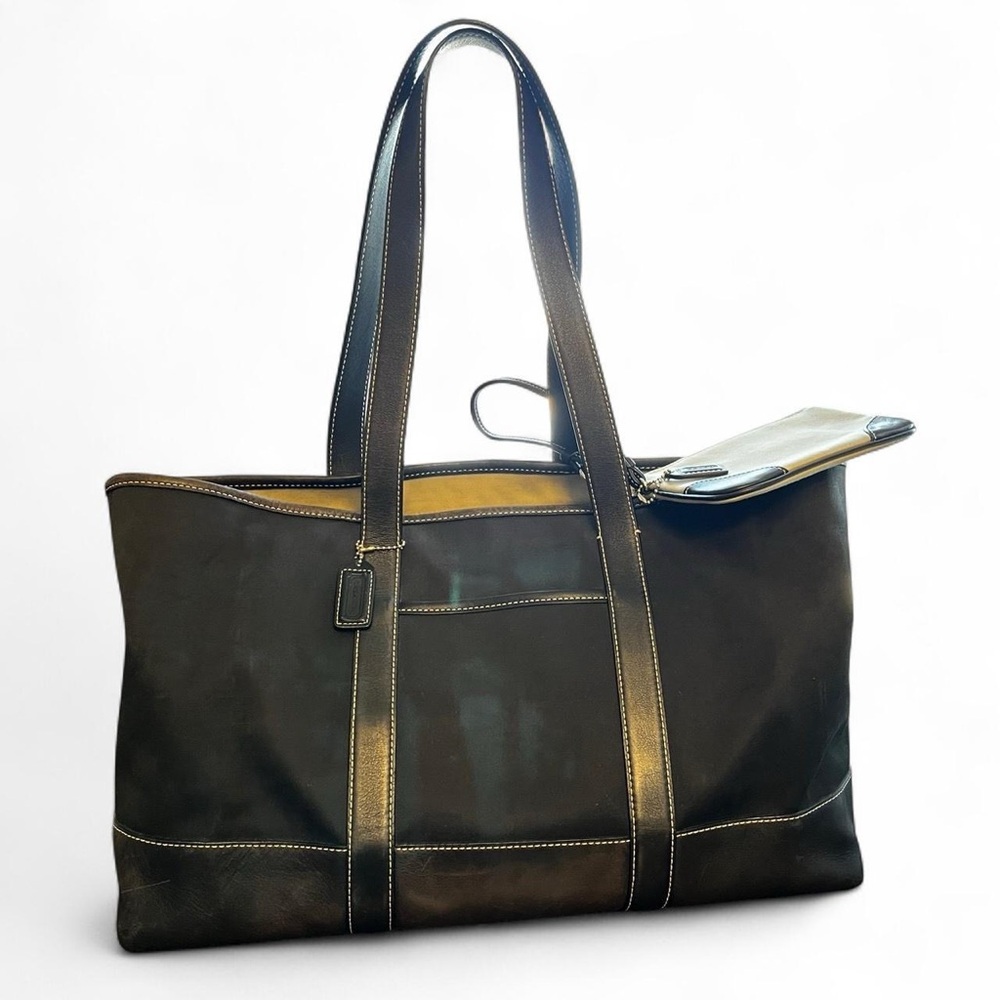 COACH No C35-5186 Large Leather Trim Fabric Tote + Clip On Wristlet Bag